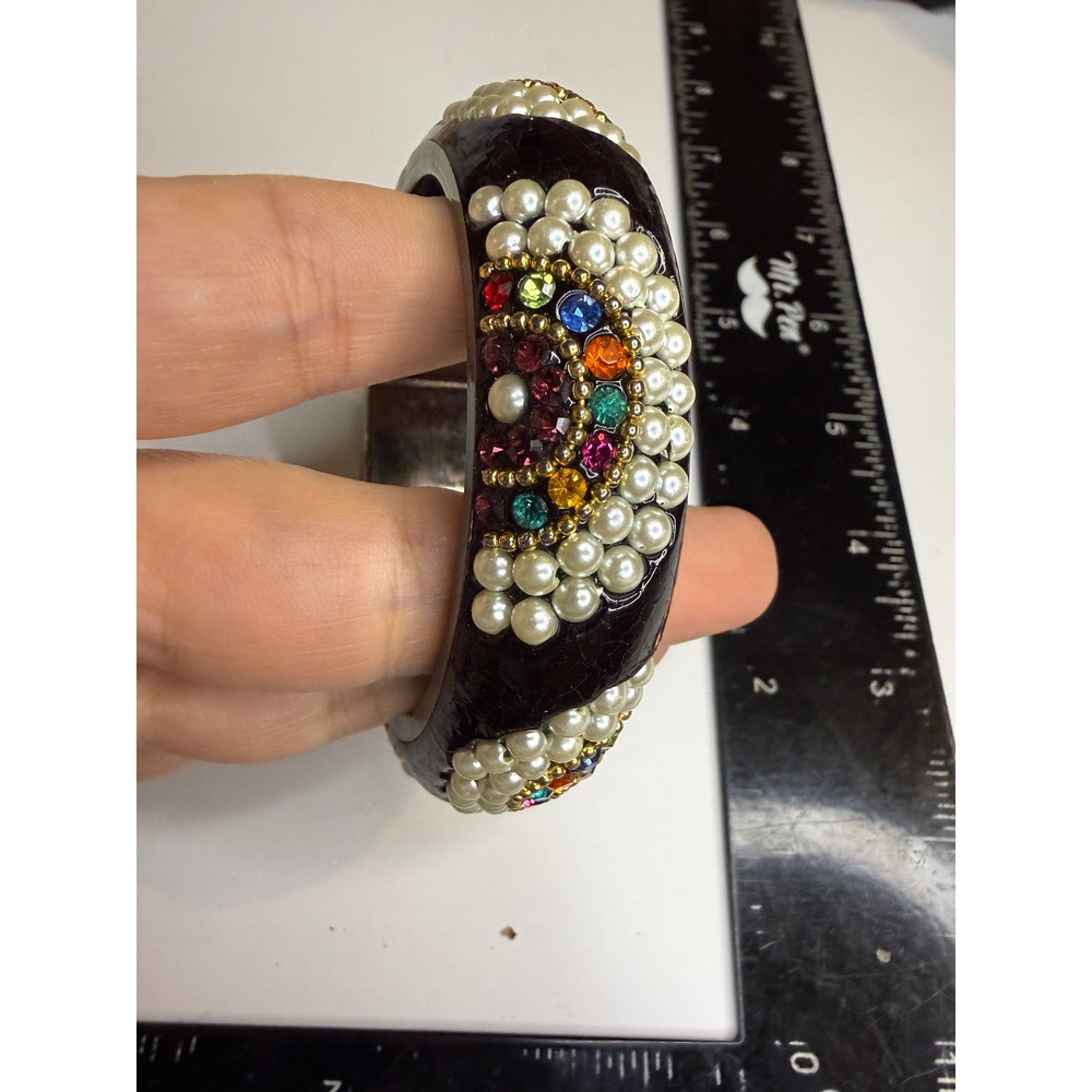 Bohemian Multi Color Rhinestone and Faux Pearl Embellished Bangle Bracelet